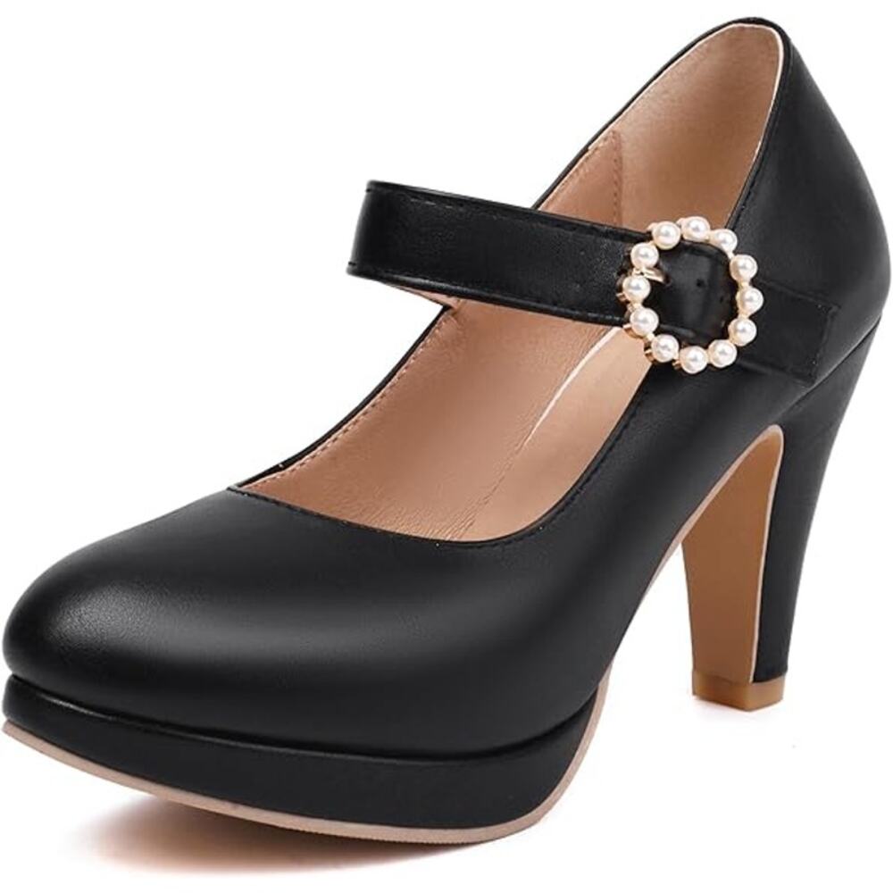 New Size 6.5 Round Toe Mary Jane Pumps with Pearl Buckle Detail